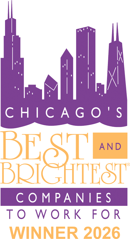 Award badge with Chicago skyline silhouette and the words 'Chicago's Best and Brightest Companies to Work For' and 'Winner 2026'.