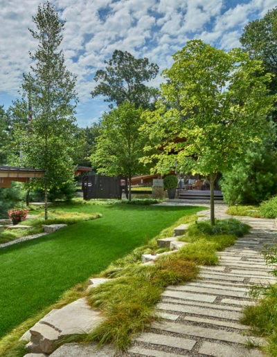 Irregular paved walkway with grass path