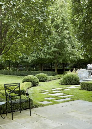 formal garden terrace with pink splashes