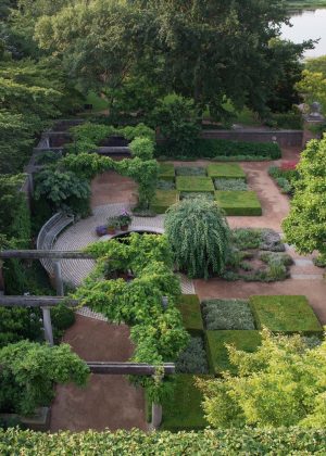 Aerial shot of English Walled Garden at Chicago Botanic Garden
