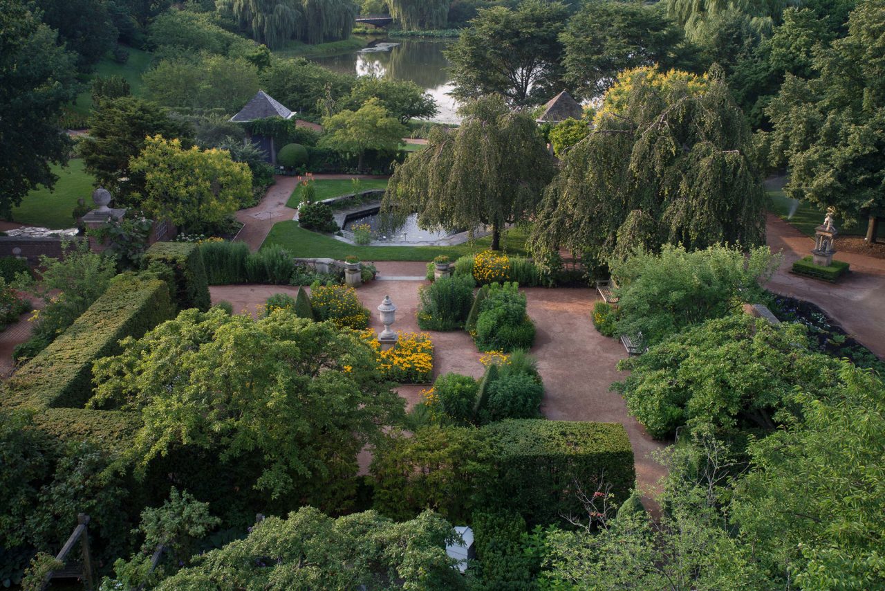 Aerial shot of English Walled Garden at Chicago Botanic Garden