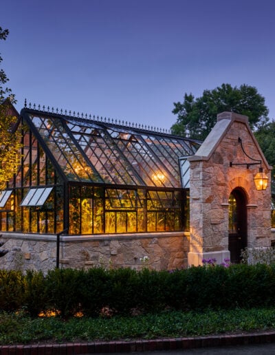 custom stone greenhouse with fountain