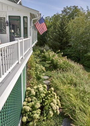 Stone stepper path through Hydrangeas and perennials