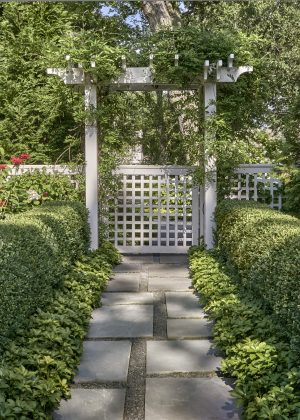 boxwood hedges lining a flagstone stepper path with gravel inlay, all leading to trellis covered in vines