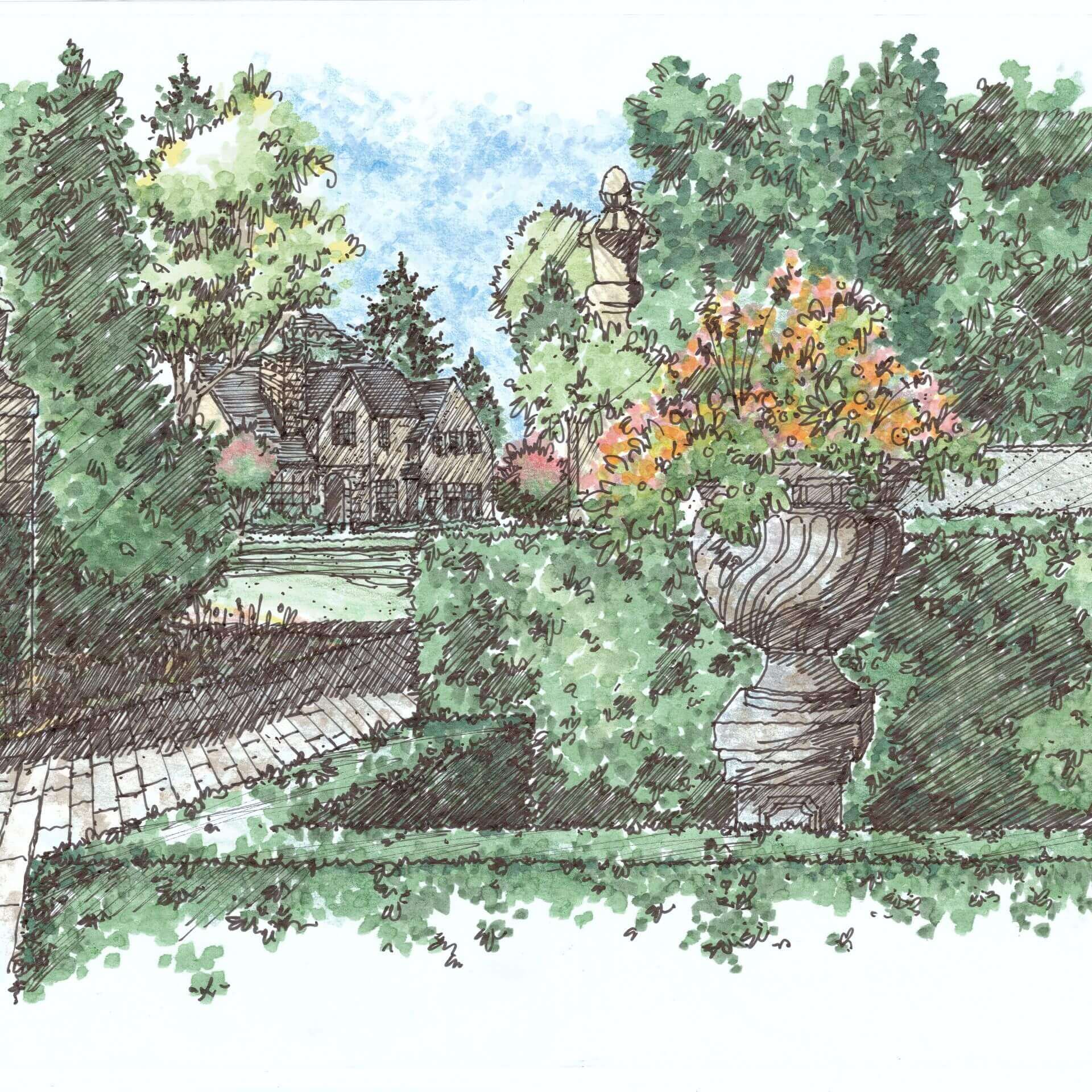 Terraced boardwalk leading to a beachside deck with seating and a firepit, overlooking calm blue water and sandy shoreline.