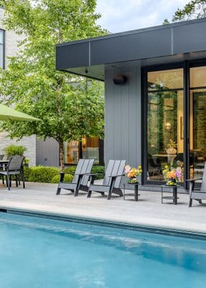 Contrasting textures of hardscape create a warm space for entertaining guests